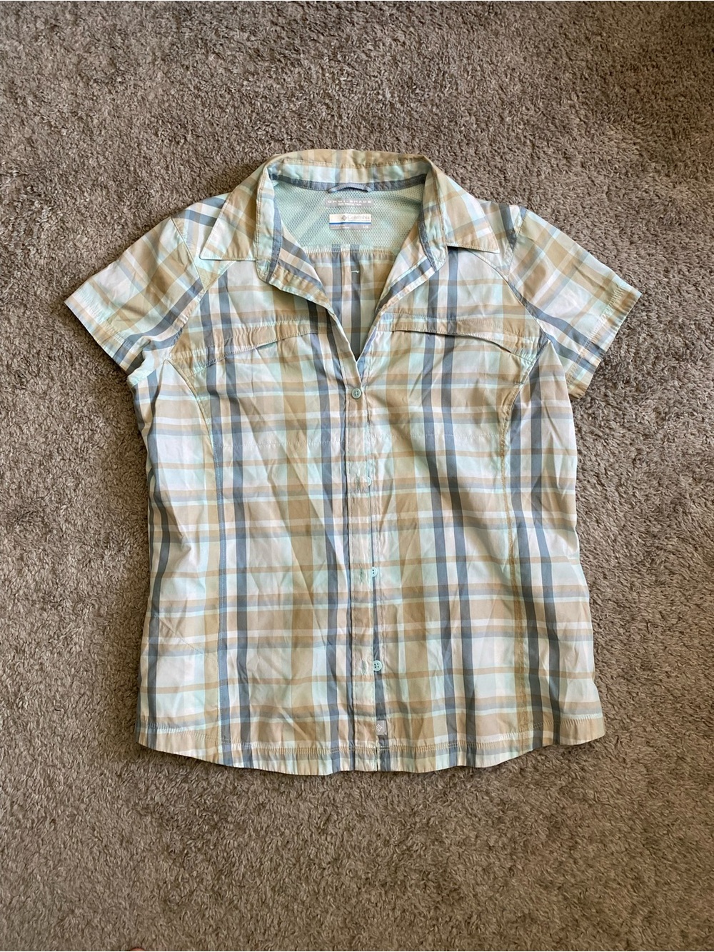 Columbia Plaid Button-Down Shirt in Light Blue and Tan